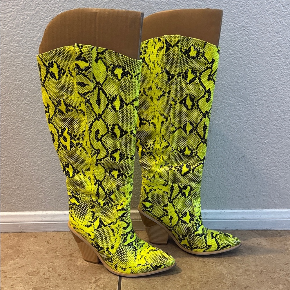 Neon Snake Print Knee-High Boots - Picture 2 of 6